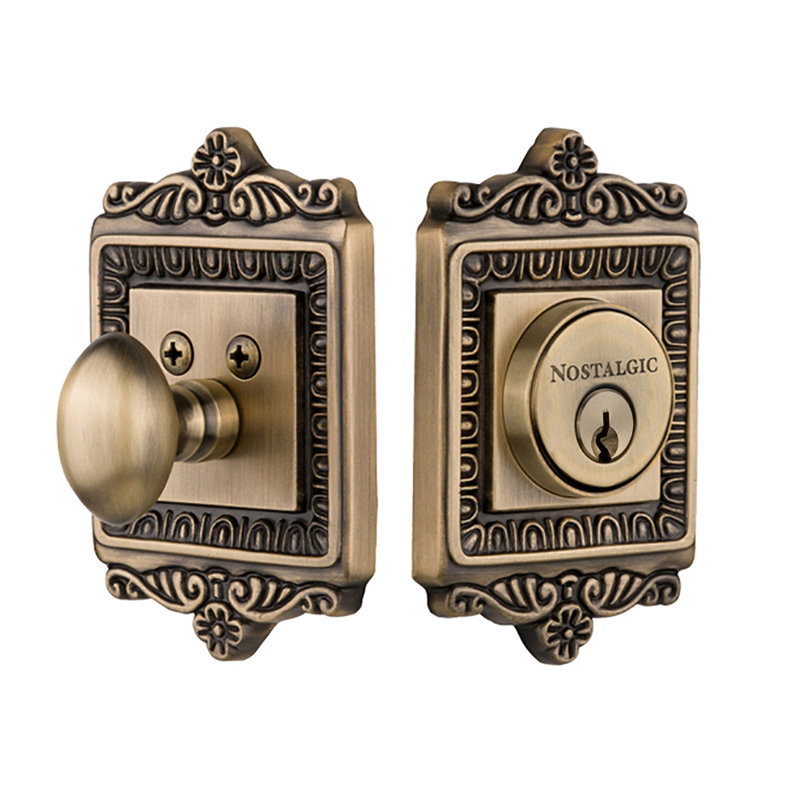 Nostalgic Warehouse Egg & Dart Plate Single Cylinder Deadbolt, 2.75, Antique Brass