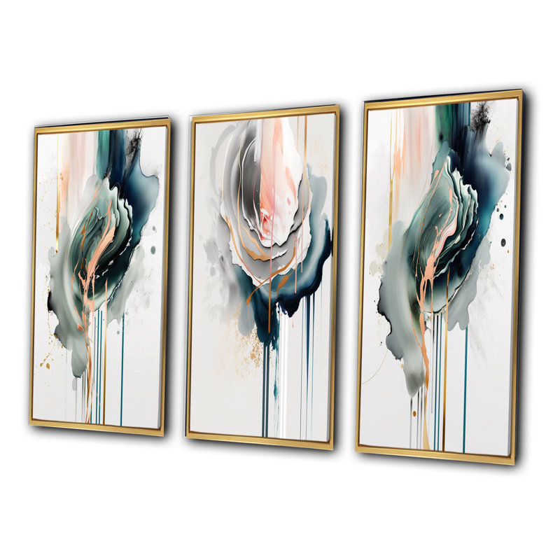 «Green Elegant Roses», 3 pièces sur toile, Cadre flottant doré, H 40 po x l 60 po