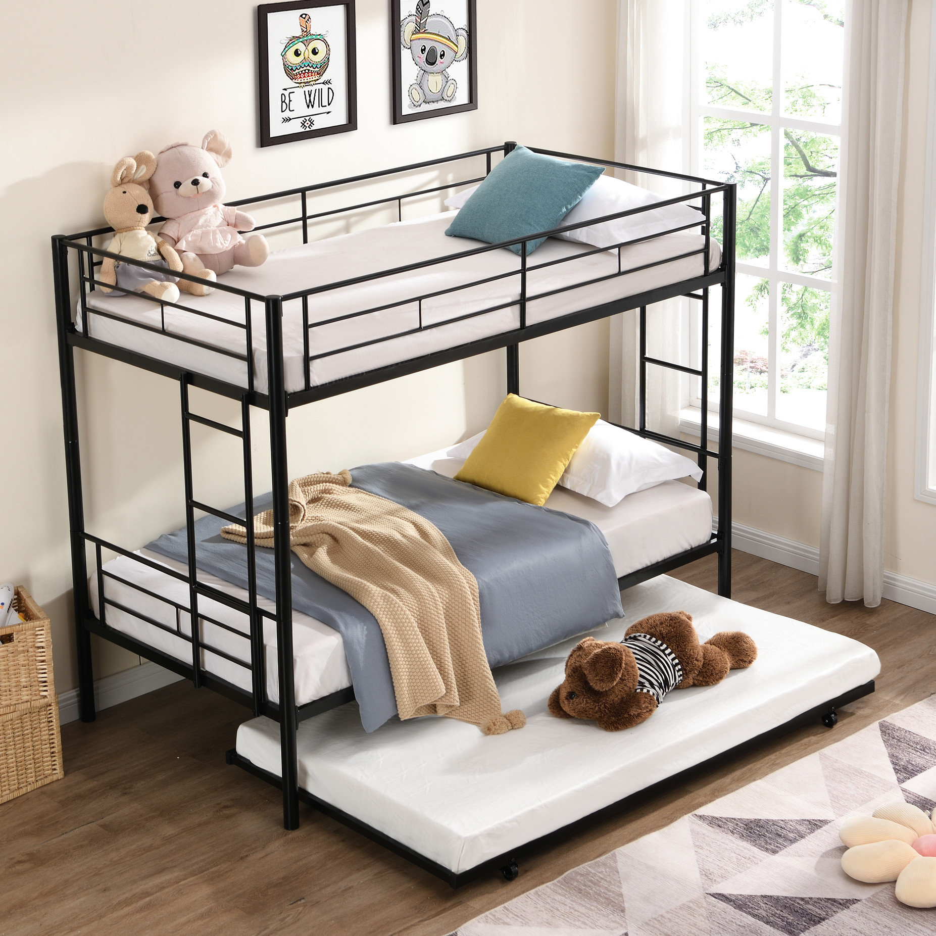 Latitude Run® Black Twin Over Metal Bunk Bed With Trundle - Modern And ...