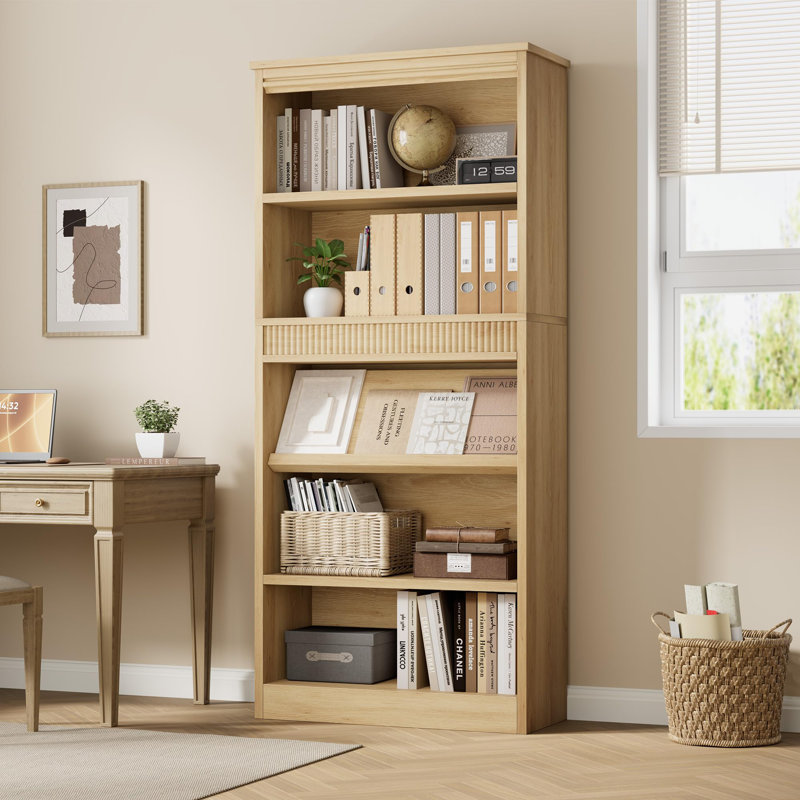 71" Farmhouse Fluted Bookcase with Display Rack, 5-Tier Wooden Bookshelf for Living Room or Office, Natural