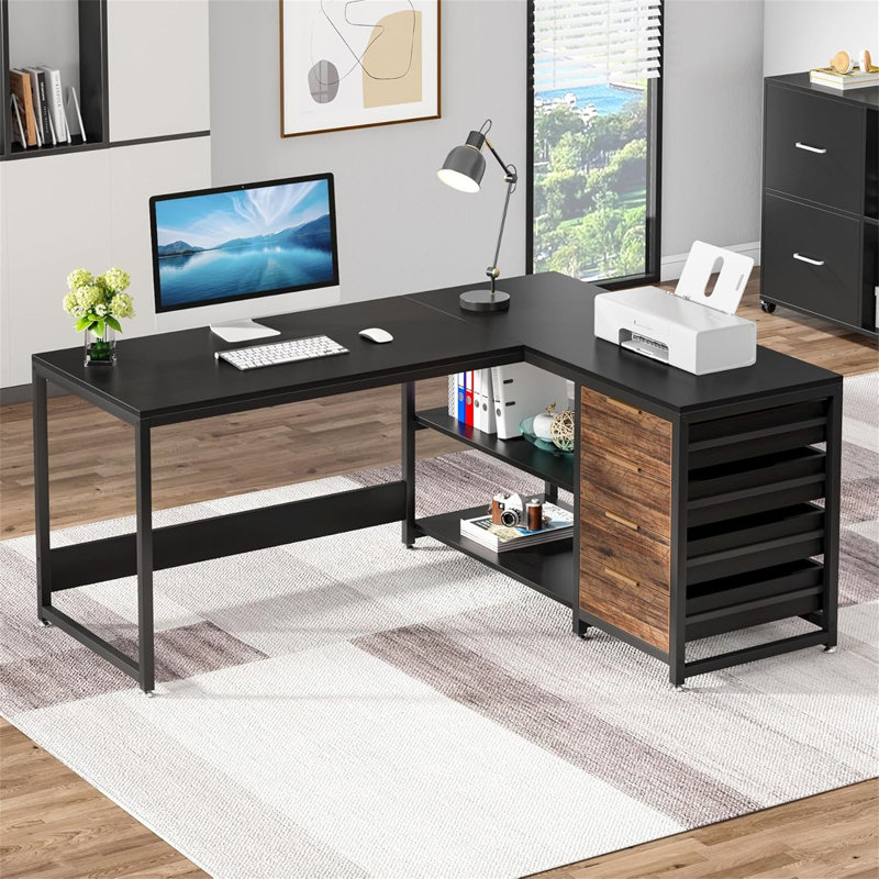 Bureau d'ordinateur en L 59 pouces avec tiroirs et tablettes de rangement (sans la chaise), Noir