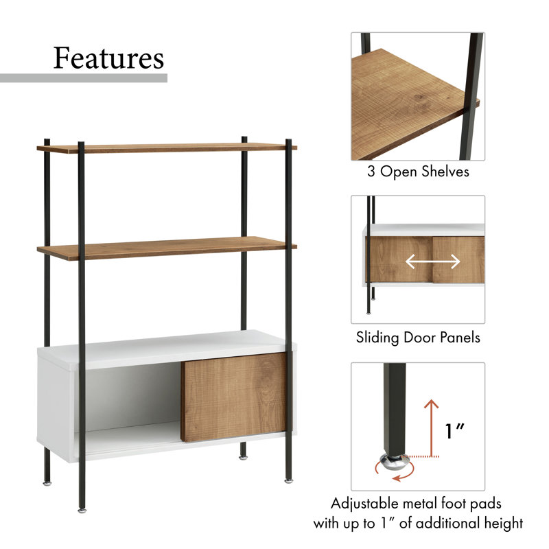 Dayne 45"H 3-Tier Bookshelf with Sliding Door Cabinet