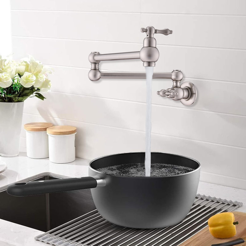 Robinet de cuisine mural escamotable avec robinet pivotant à double articulation escamotable, Nickel brossé