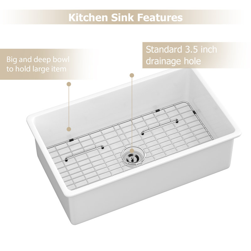 32" White Ceramic Undermount Single Bowl Kitchen Sink