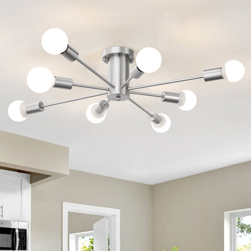 Plafonnier semi-encastré lustre moderne Spoutnik sphérique 8 lumières 30,12 po Dushka, Nickel brossé