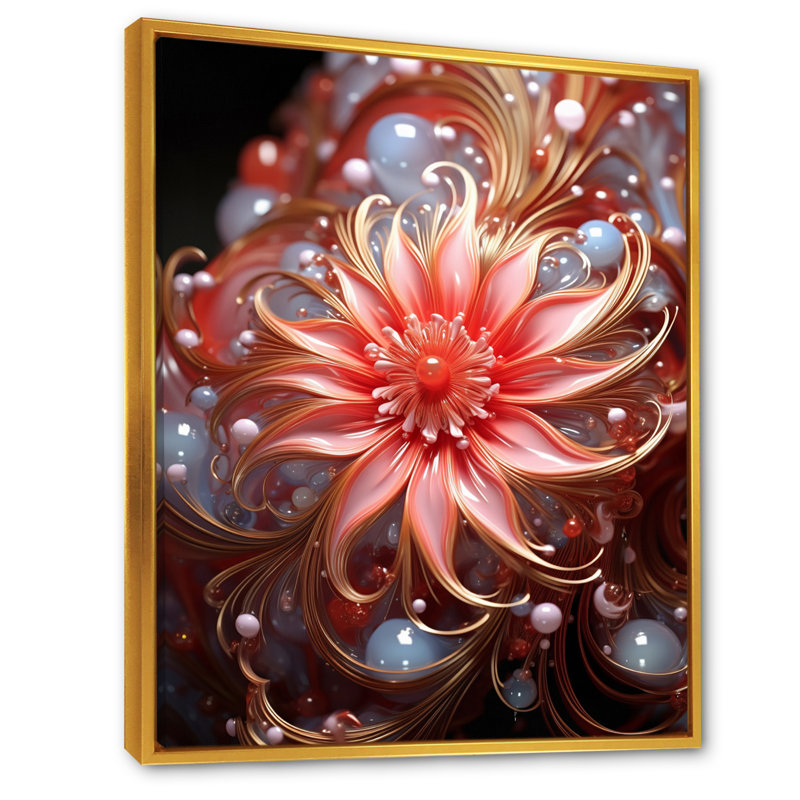 «Radiant Blossoming», fleur rose avec perles blanches sur toile, H 20 po x l 12 po x P 1 po, Cadre flottant doré