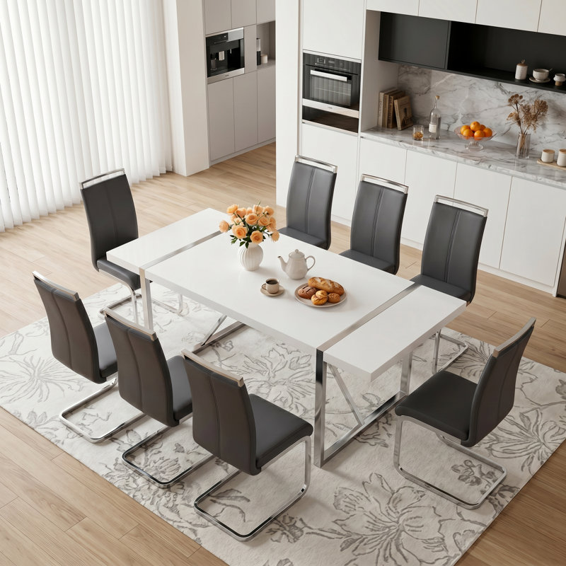 9-Piece Modern Glam Rectangular High-Gloss Wood Dining Set with Faux Leather Cantilever Chairs, Gray, 9