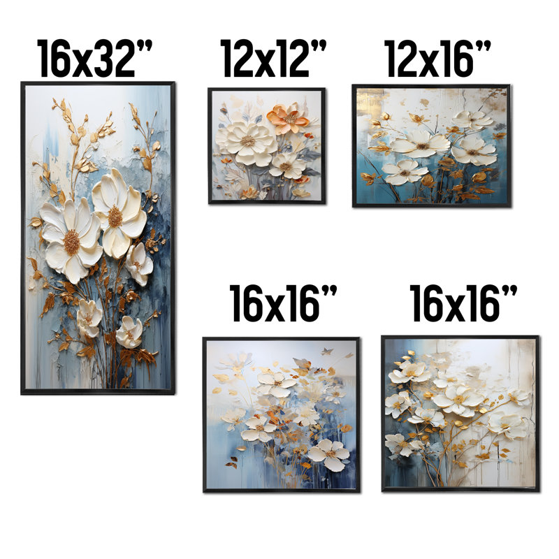 Ensemble de salon mural doré doré et blanc avec fleurs saisonnières Dream IV - Seasonal Flowers, Cadre flottant noir
