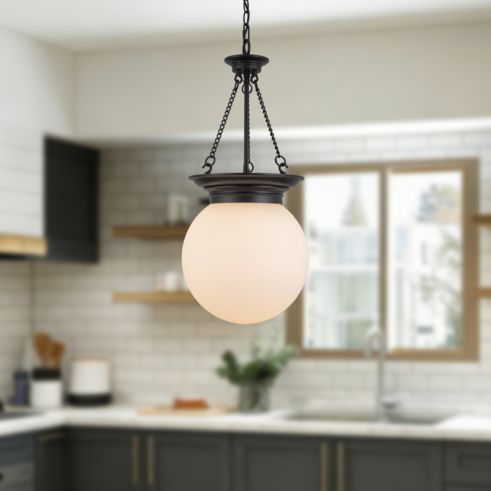 Madelyn 12-in Pendant with Opal Glass, Black/Opal Glass