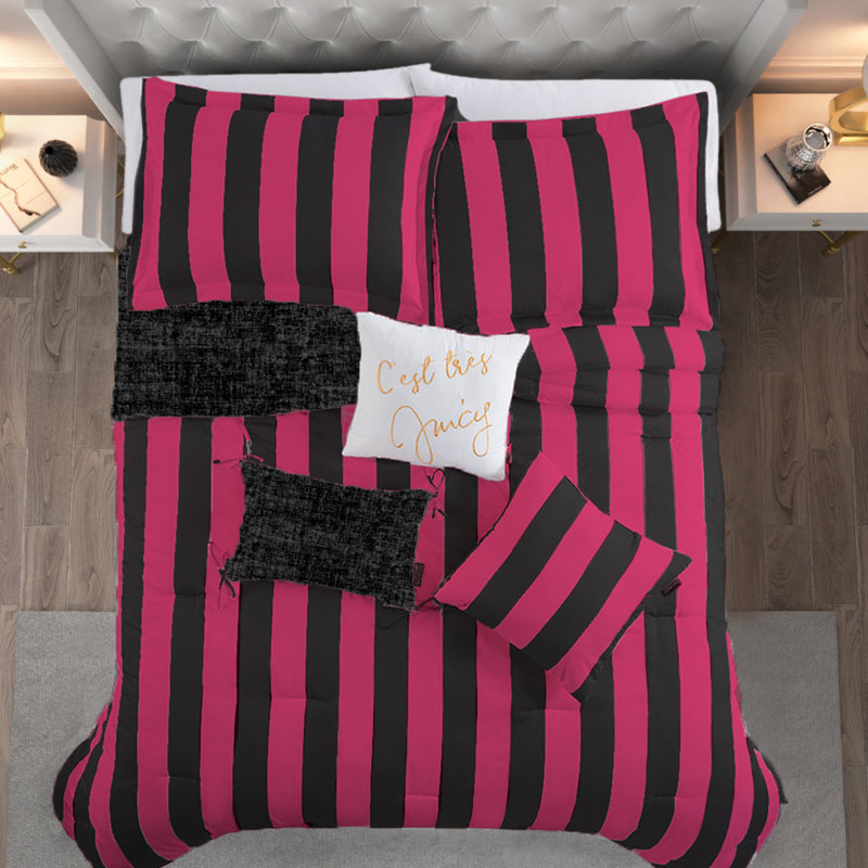 Juicy Couture Cabana Stripe Comforter Sets, Full/Queen Comforter + 2 Shams + 3 Throw Pillows, Black/Hot Pink