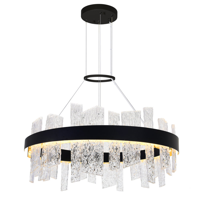 Modern LED 32in Chandelier – Flush Mount Black & Satin Gold Fixture, Integrated Dimmable Lighting for Dining Room, Bedroom, or Entryway