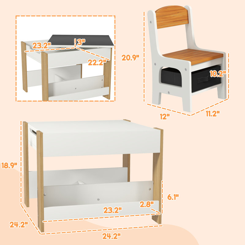 Qaba 3 Piece Kids Table And Chair Set, 2 In 1 Toddler Table And Chair Set With Reversible Tabletop, Blackboard, Storage, Bookshelves, For Playroom, Nursery, Classroom,wood