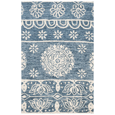 Leavens Hand Tufted Wool/Cotton Floral Rug in Blue/Ivory
