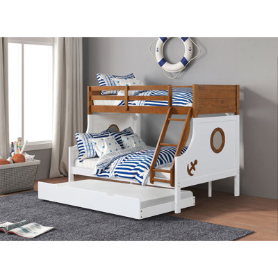 Modern Novelty Style Twin Over Full Bunk Bed With Attached Angled Ladder Rails And Lock Joint Structure For Safety Oak Finish Upper Bed White Finish Lower Bed (Trundle Not Included)