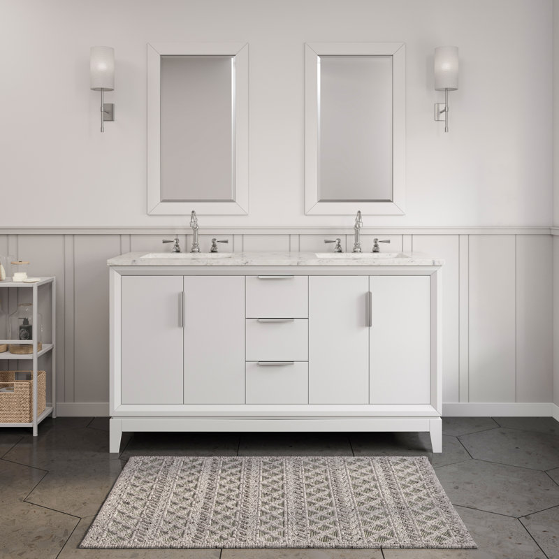 Elizabeth 60" Carrara White Marble Countertop Bath Vanity with Mirror, Pure White