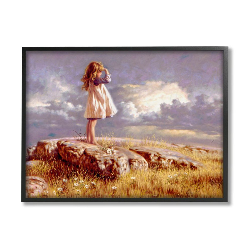 «Girl Gazing on Meadow Rock Sunset Clouds» par Jim Daly - impression d'art graphique, H 20 po x l 16 po x P 1,5 po