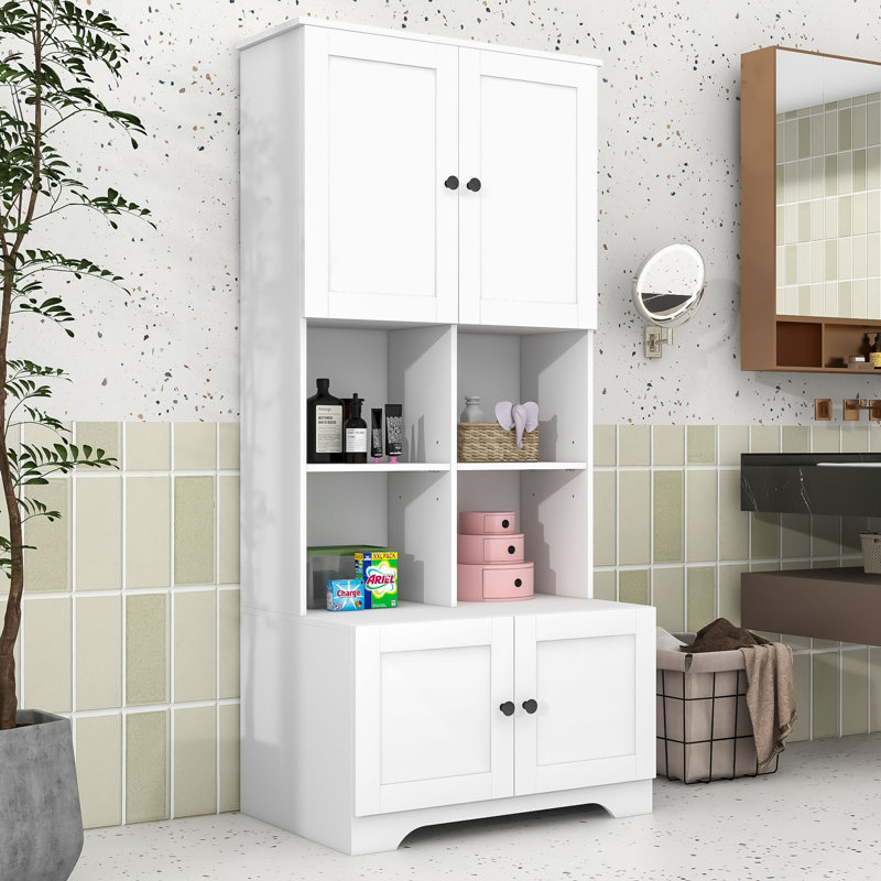 Keavin Wood Freestanding Bathroom Storage Cabinet with Adjustable Shelves and Multi-Layer Open Shelves, White