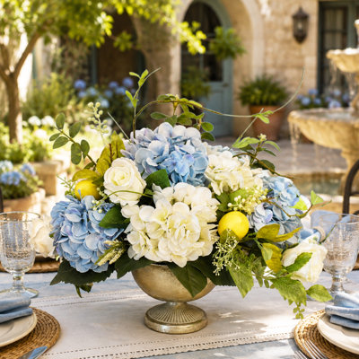 Faux Silk Mixed Assortment, Hydrangea, Rose, Lemon Arrangement in Vase