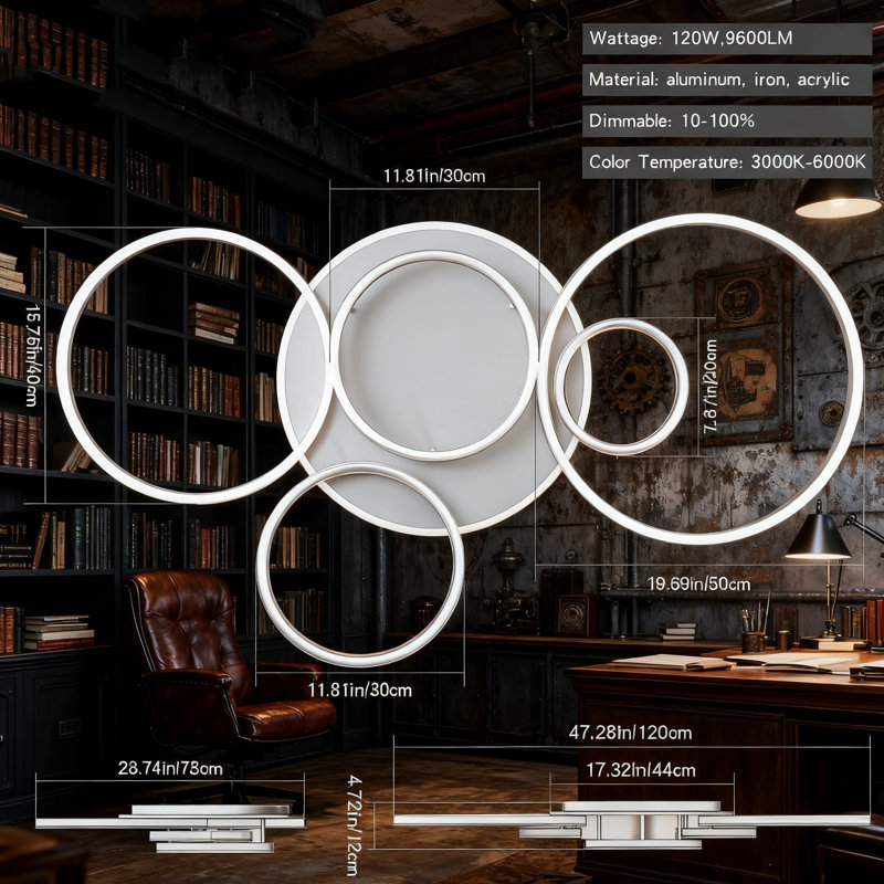 47-Inch Modern LED Flush Mount Ceiling Light Fixture Dimmable 6-Ring Remote Control Lighting For Kitchen Dining Room Bedroom Living Room