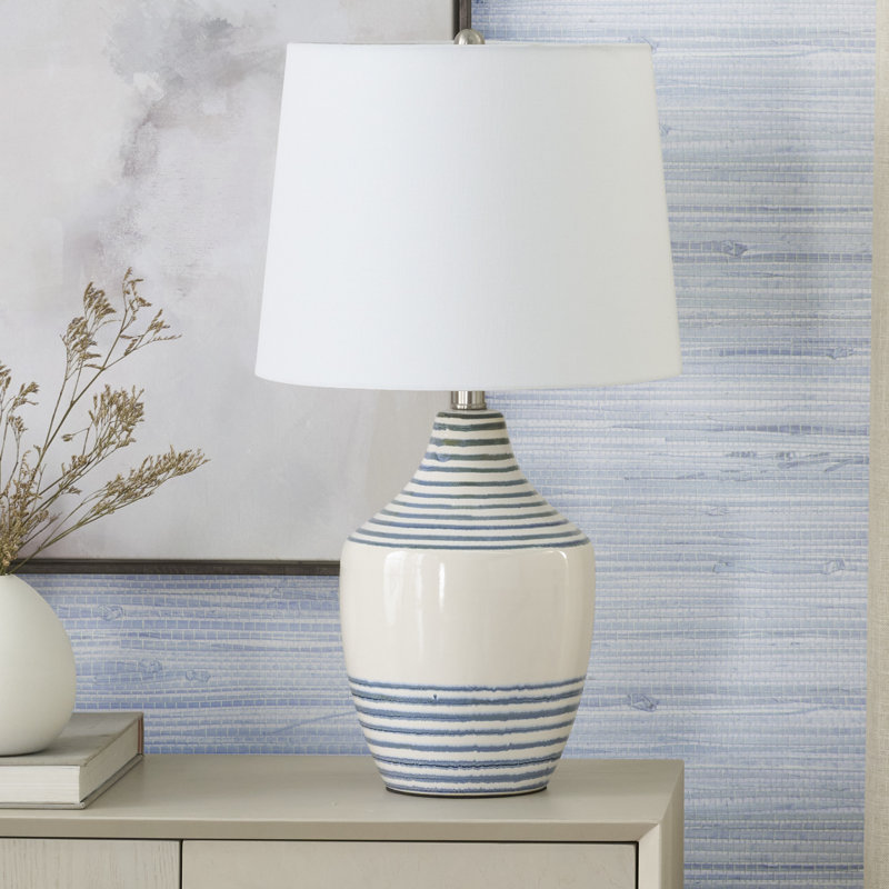 23" Blue & White Striped Ceramic Urn Coastal Table Lamp