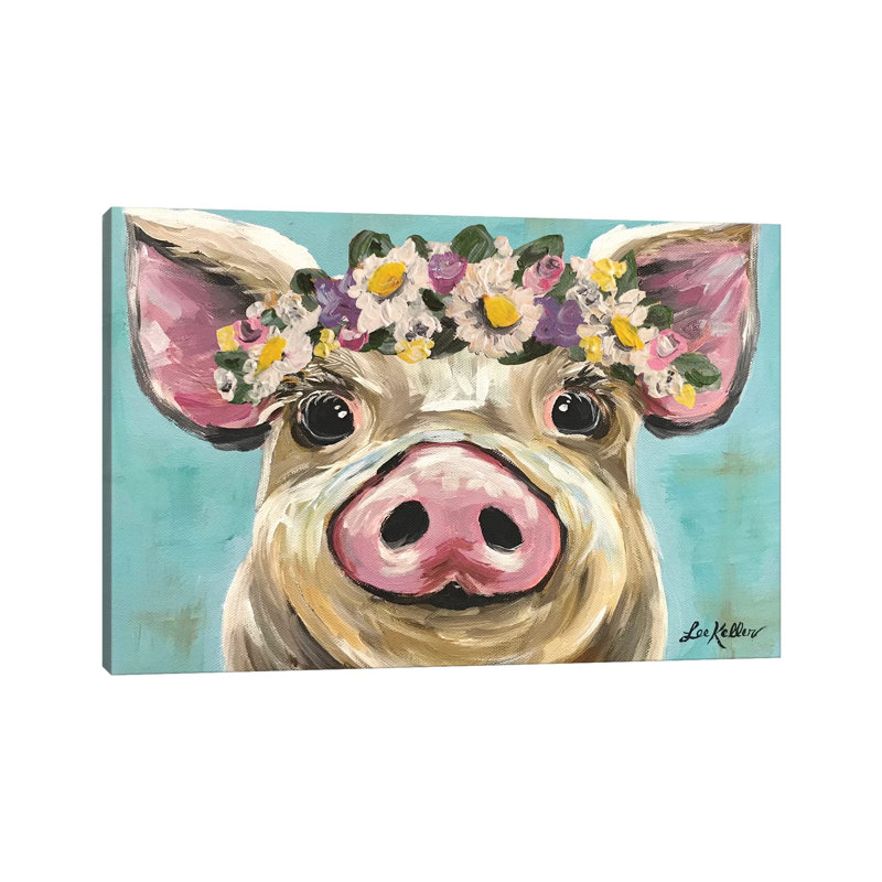 Pig With Flower Crown On Turquoise - Wrapped Canvas Painting, 20.32cm H x 30.48cm W x 1.91cm D
