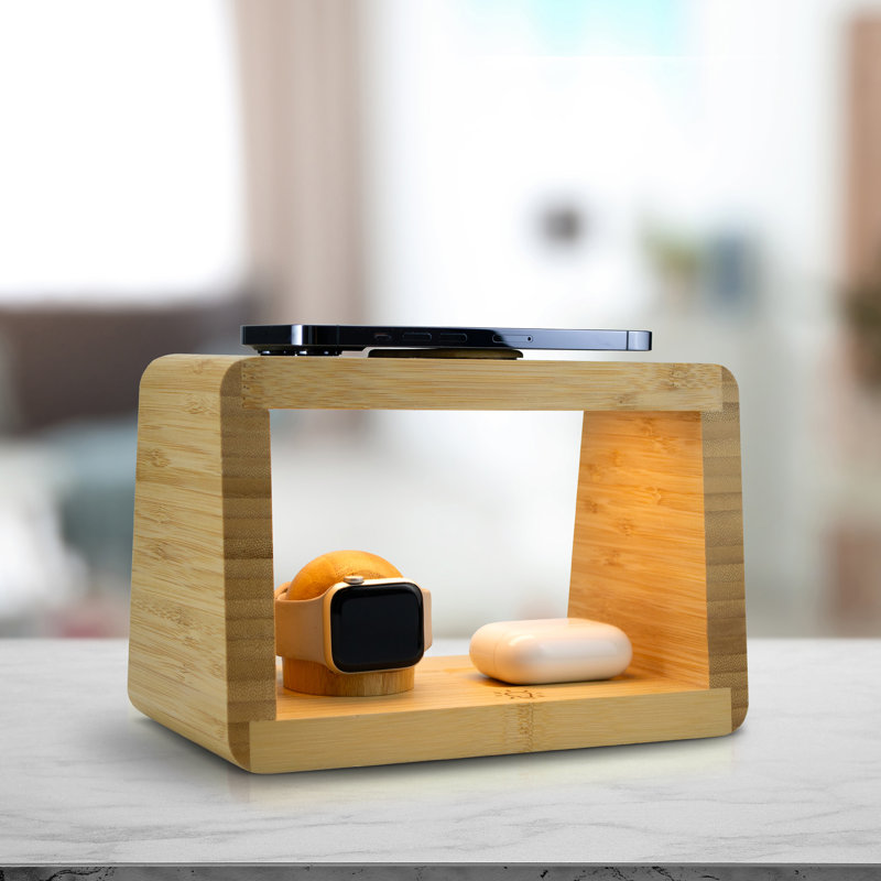 3 In 1 Wireless Charging Station - Bamboo With Night Light