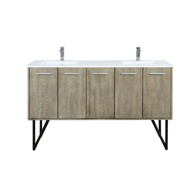 Meuble-lavabo double en acacia rustique 60 po X P 20 po D, ensemble en marbre de culture et robinet chromé