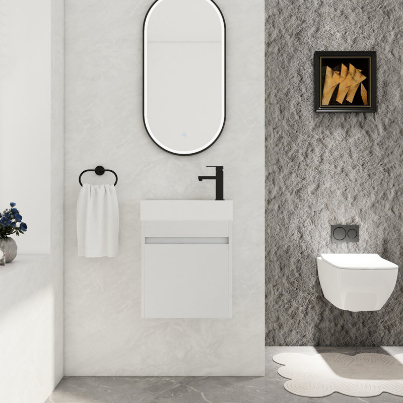 Meuble-lavabo moderne de 18 po - fixé au mur avec une cuve en résine blanche et beaucoup de rangement, un grand compartiment de rangement pour l'évier de porte, une fermeture en douceur