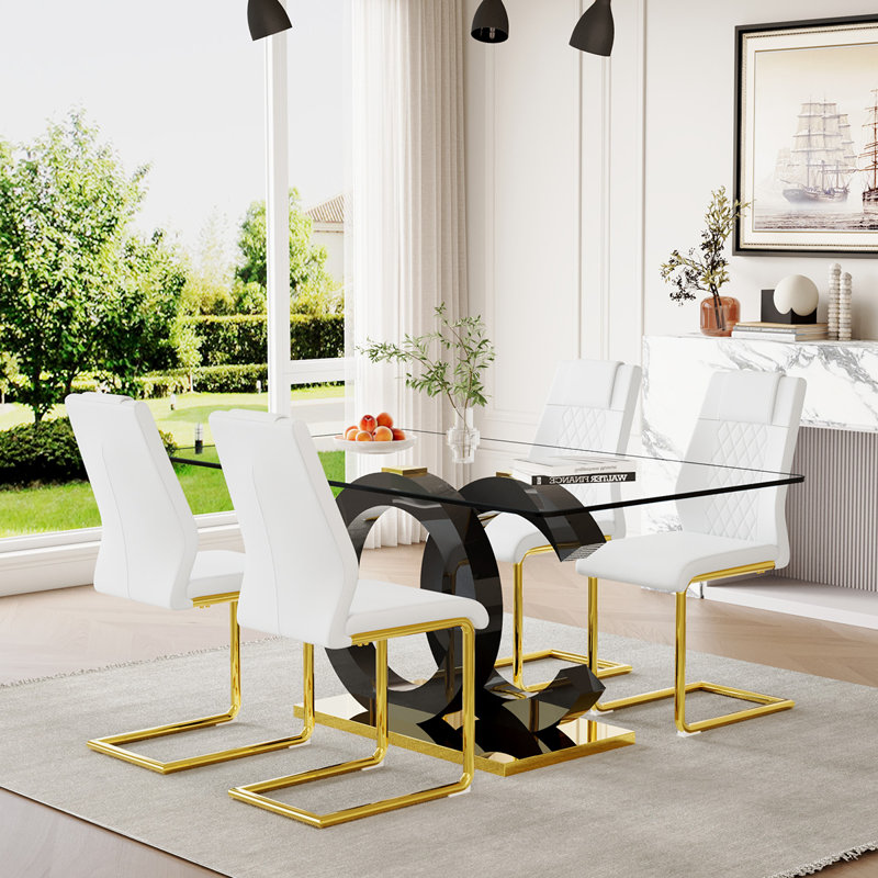 Glass Top Dining Table Sets, 5, White/Gold