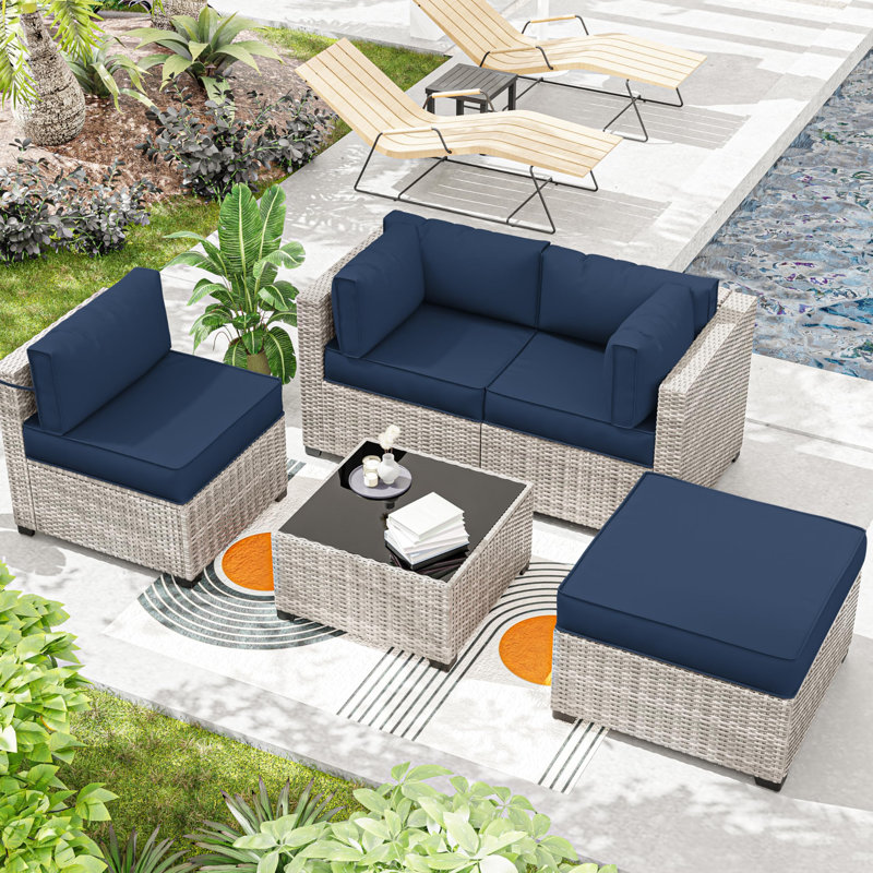 Outdoor 4" Thick Replacement Cushion Set Seat/Back Cushion (Set Of 3 Seats , 3 Backs , 2 Short Backs , 1 Footrest), Navy Blue