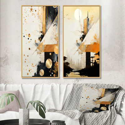 Ensemble de 2 reproductions d'art murales grises et dorées, "Collages abstraits"