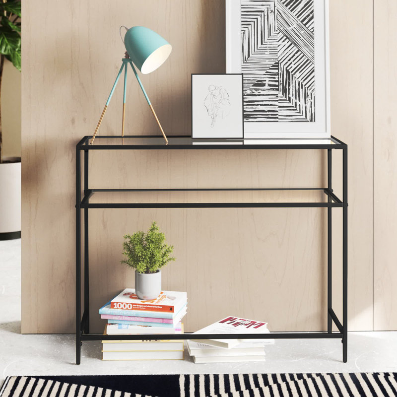 Doynton Glass Top Console Table, Black, 31.5" H x 39.4" W x 13.8" D