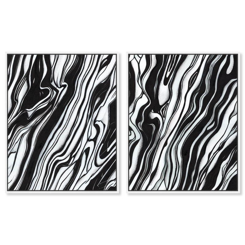 Ensemble de 2 lignes abstraites sur toile, "Elegant Modern Art" par Art Remedy, H 36 po x l 30 po, Cadre flottant blanc