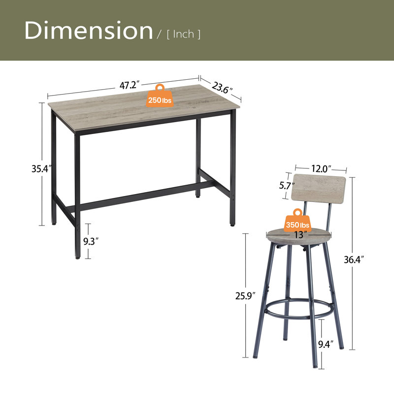 Pub High Dining Table Set, Industrial Style Pub Table, Pu Leather Bar Chairs, Gris, Gris / Noir, 7