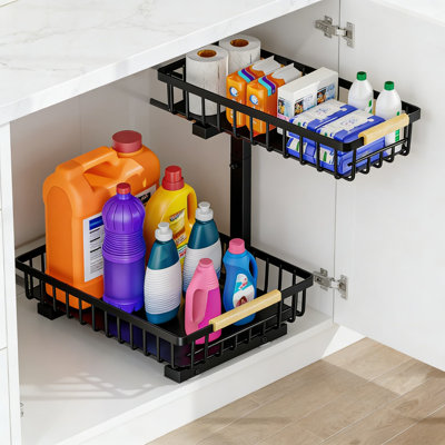Organisateur sous évier coulissant à 2 niveaux, organisateur d'armoire coulissante à hauteur réglable, rangement en métal robuste sous l'évier pour garde-manger de cuisine avec conception antidérapante