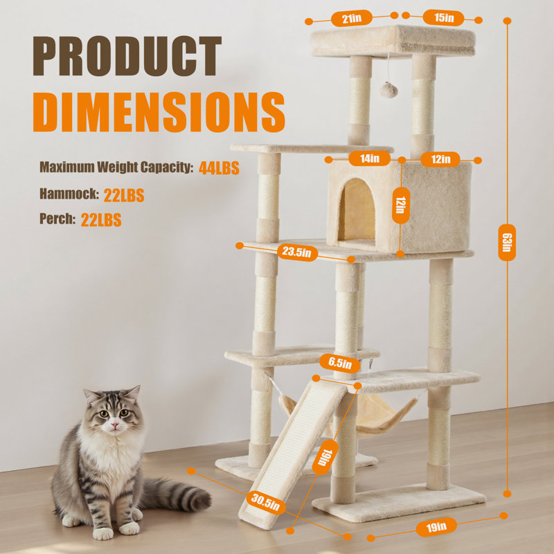Grand arbre à chat à plusieurs niveaux, tour d'arbre à chat H 63 po avec perchoir, condo, hamac et rampe, poteau à griffes recouvert de sisal