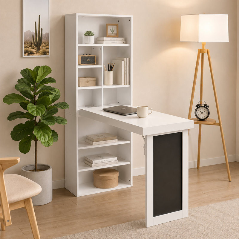Bureau de bureau mural pliable avec tableau noir et tablette latérale pliable, Grey
