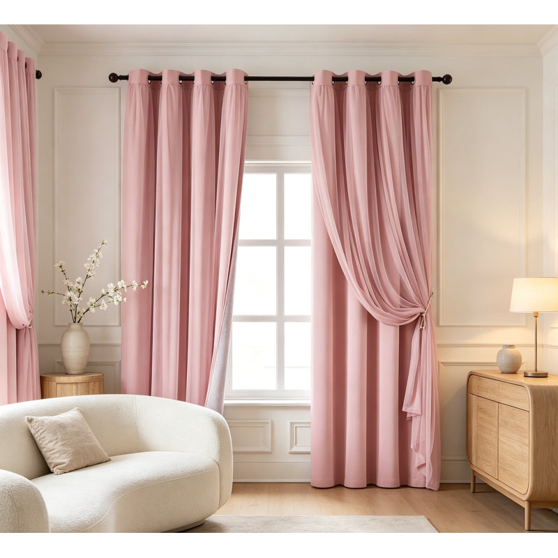 Ensemble de 2 rideaux occultants roses à double couche avec superposition de voilage, rideaux obscurcissant avec œillets pour le salon de la chambre à coucher