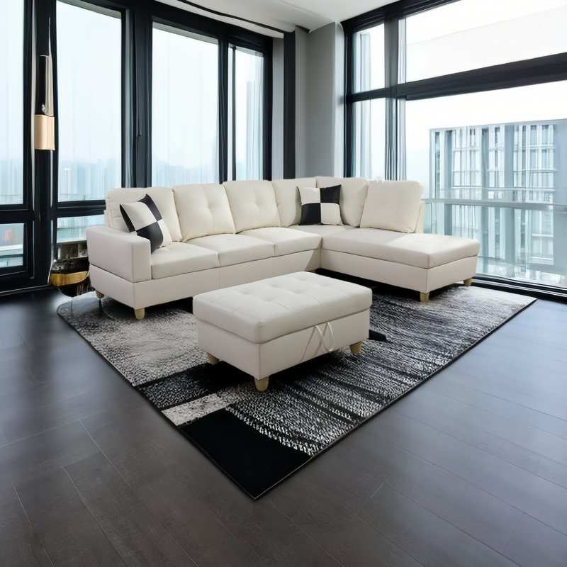 Erynne 3 - Piece L- Shaped Upholstered Living Room Sectional with Storage Ottoman, Ivory Faux Leather, Right Hand Facing