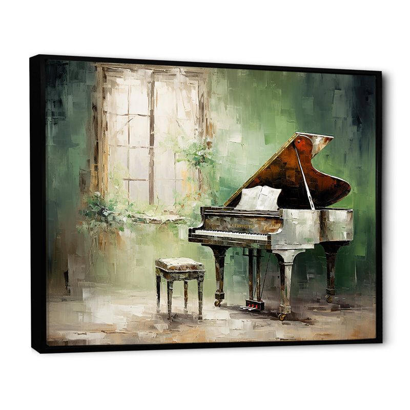 «Green Piano Impressionist», art mural sur toile, Cadre flottant noir, H 12 po x l 20 po x P 1 po