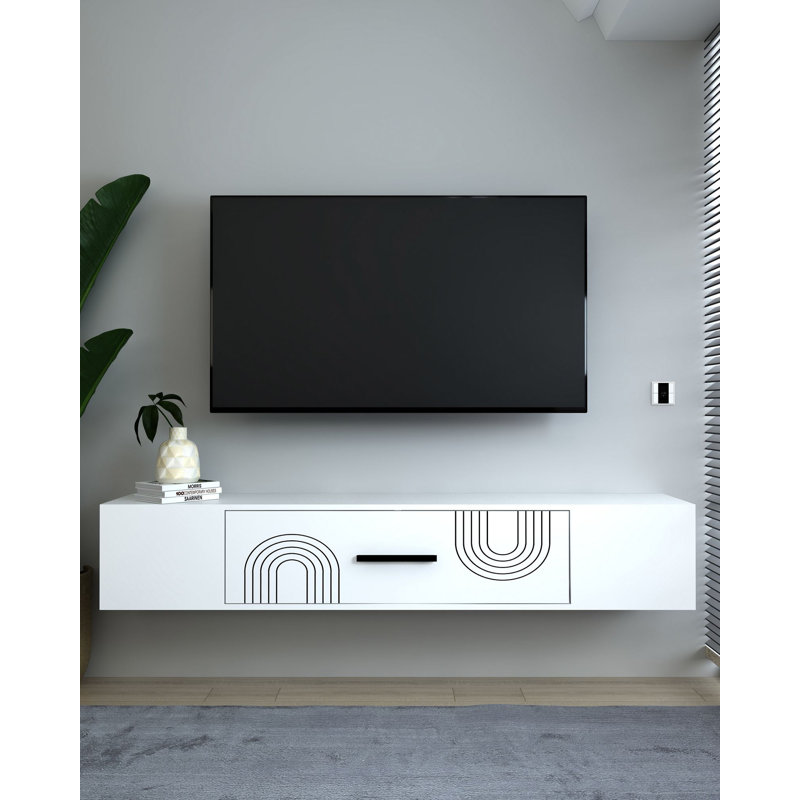 Modern White TV Stand, 59.1 x 13.0 x 13.0 inches | 100% Melamine Coated Particle Board, Thickness: 0.7 inches | Wall-Mountable, Elegant Geometric Design, Perfect for Contemporary Living Rooms & Entertainment Spaces