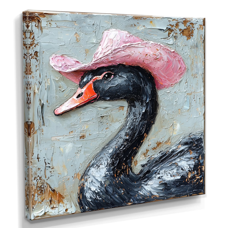 Un cygne noir portant un chapeau de cowboy rose II - cygnes, art mural large, Toile tendue, Ne s’applique pas