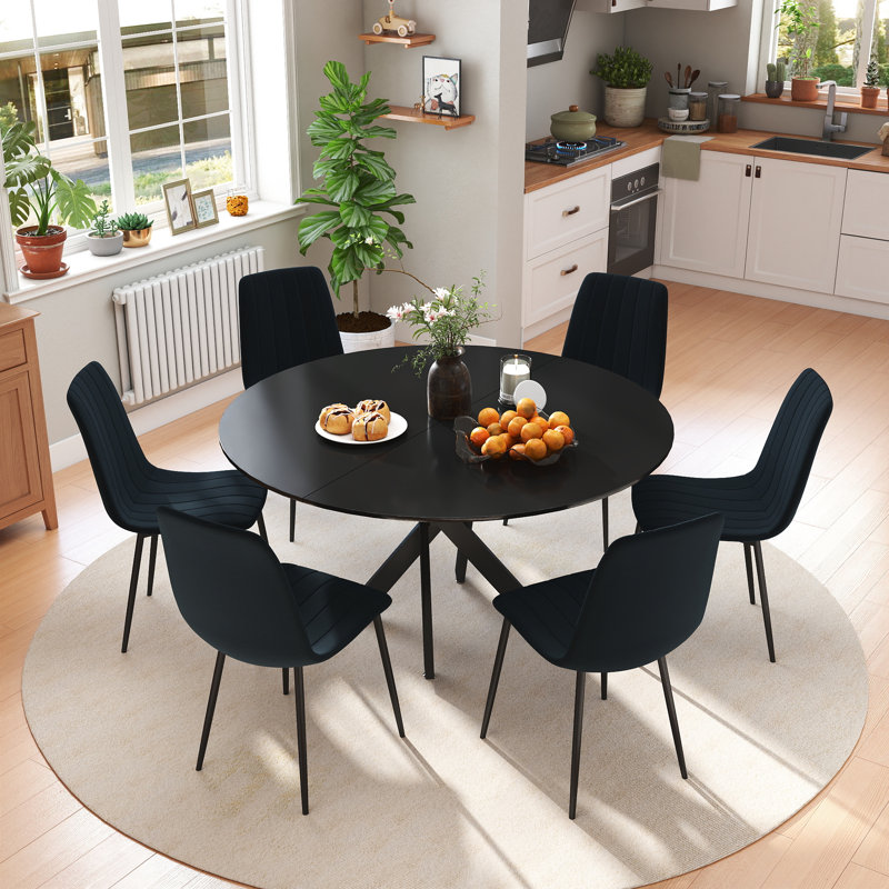 47in Round Dining Table Set, 7, Black, Black