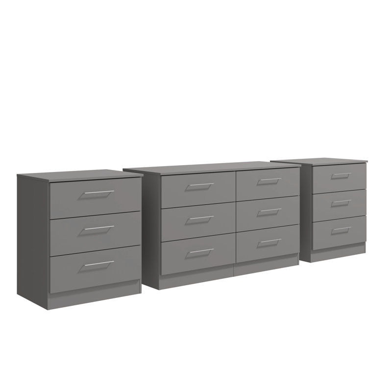 Ensemble de chambre à coucher moderne 3 pièces Montigny: commode à 6 tiroirs et deux commodes à 3 tiroirs, Gris