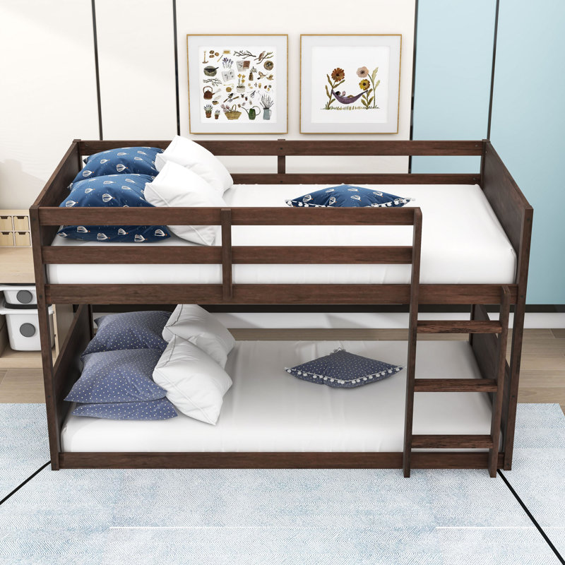 Lit simple superposé en bois avec échelle intégrée et garde-corps, Chêne antique