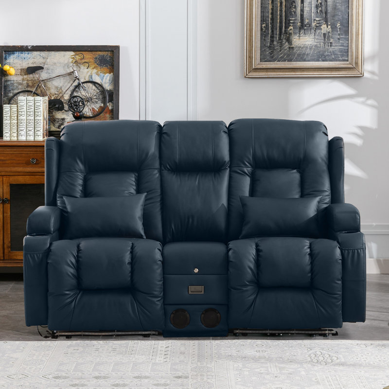 Faux Leather Power Reclining Home Theater Seating with Cup Holder, Blue Faux Leather