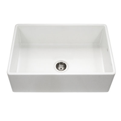 Houzer 33 in  Fireclay Apron Front Farmhouse Kitchen Sink w/ Strainer, Grid - PTG-4300 WH-C