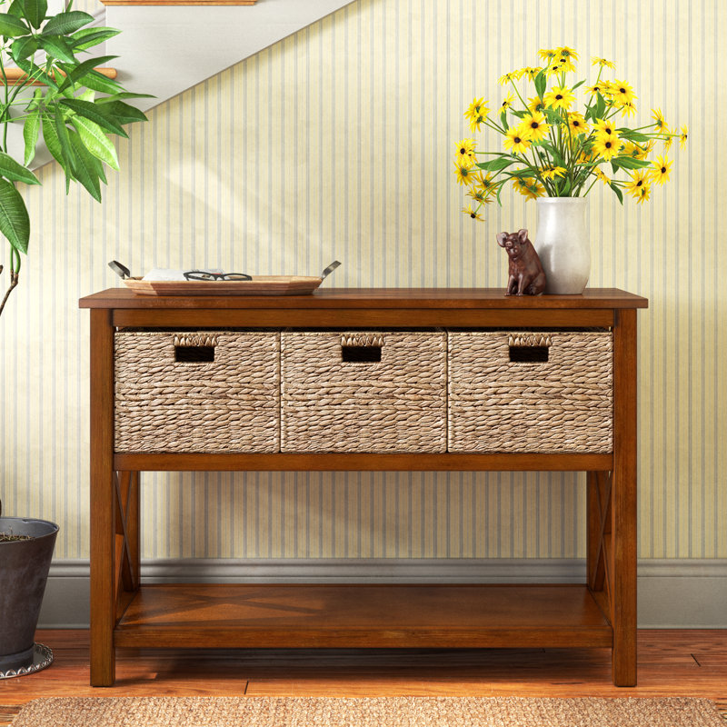 Hoehne 44'' Console Table, X-Side Sofa Table, 2 Storage Shelves, 3 Wicker Baskets, Coffee 