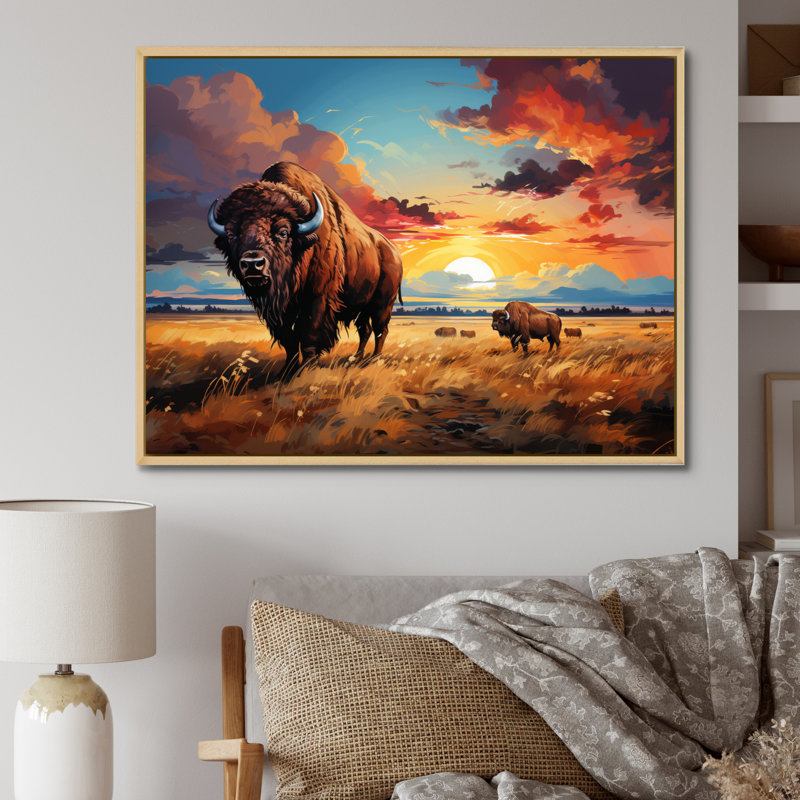 Art amérindien Bison Prairies III - impression, H 34 po x l 44 po x P 1,5 po, Cadre naturel flottant