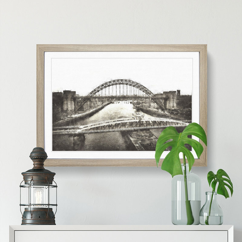 Tyne Bridge Linking Newcastle - Picture Frame Painting Print, Oak Framed, 24cm H x 33cm W x 2cm D
